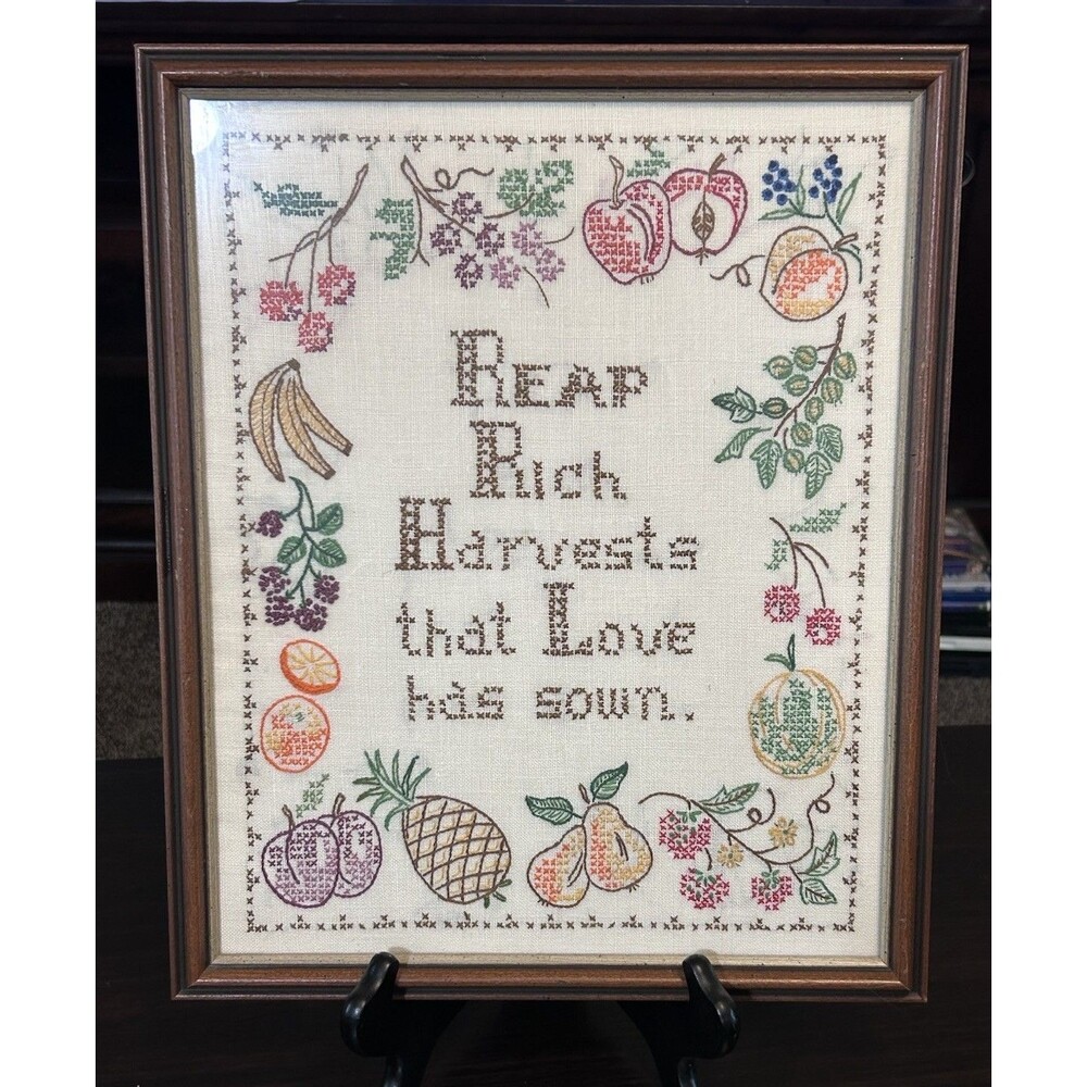 Vtg Reap Rich Harvests That Love Has Sown Cross Stitch Sampler Framed Picture